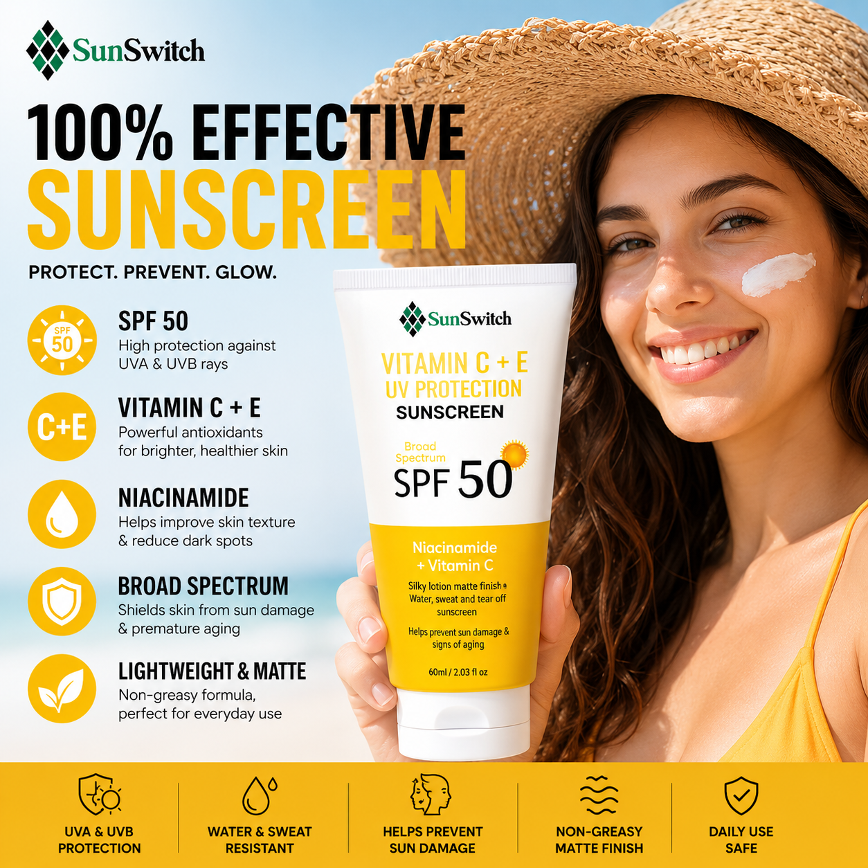 Vitamin C + E Super Bright Sunscreen SPF 50 PA+++ - Daily UV Protection | 60g × Pack of 3 Vitamin C + E Super Bright Sunscreen SPF 50 PA+++ - Daily UV Protection | 60g × Pack of 3